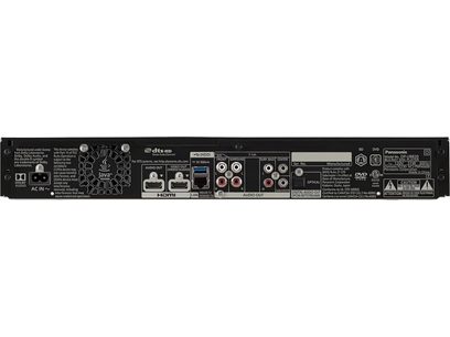 Vue arrière du lecteur Blu-ray 4K Panasonic DP-UB820EFK noir en boîtier métallique, équipé de deux sorties HDMI, d’un port USB 3.0, d’un port Ethernet, de huit prises RCA audio 7.1, d’une sortie optique et d’une entrée secteur