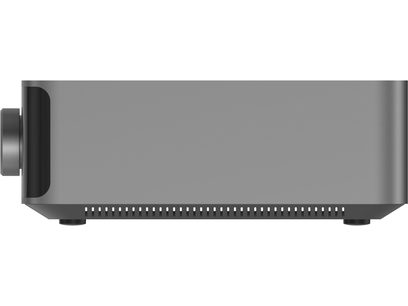 Ampli hi-fi intégré stéréo WiiM Amp Ultra gris en aluminium, vue latérale, boîtier rectangulaire mat avec large molette avant, fentes d’aération inférieures et pieds noirs