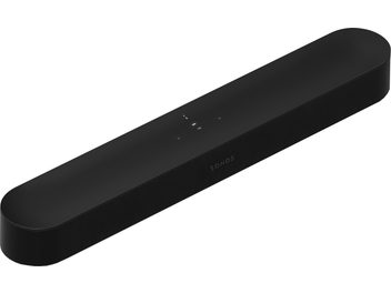 Μαύρη ματ ηχοβαρα Sonos Beam (2ης Γενιάς), μπροστινή όψη, επιμήκης ορθογώνια φόρμα με στρογγυλεμένες άκρες, μαύρη ακουστική σχάρα