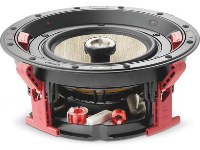Enceinte encastrable Focal 300 ICW8 rouge et noire, vue de face, grille retirée, haut-parleurs et composants internes visibles