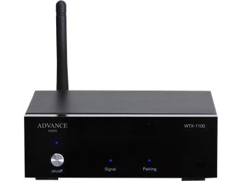Advance Paris WTX-1100 aptX HD trådløs sender, sort, forfra, med antenne, tænd/sluk-knap og signal- og parringsindikatorer
