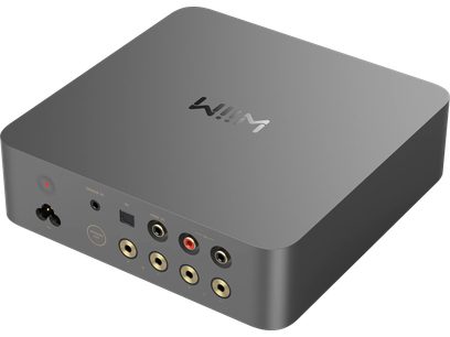 Stereo hi-fi-förstärkare WiiM Vibelink Space grey med grått hölje, logotyp på ovansidan och synliga anslutningar på baksidan