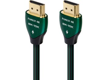 Two Audioquest Forest 48 8K 10K HDMI cables, green and black, with gold-plated connectors, front view, side by side, vertical