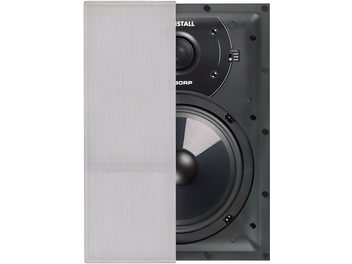 Q Acoustics Qi80RP Performance seinale paigaldatav sisseehitatav kõlar, vaade eestpoolt, valge perforeeritud metallvõre on pooleldi eemaldatud, paljastades mattmusta korpuse koos musta tweeteri ja bassikõlariga