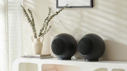 Vue de face, deux enceintes sphériques noires en plastique mat avec grille circulaire frontale, posées côte à côte sur une étagère blanche à côté d’un vase crème