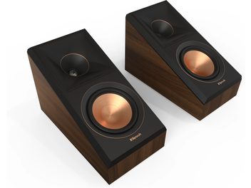 Two Klipsch RP-500SA II Dolby Atmos speakers in walnut wood, with black front face and gold-colored drivers