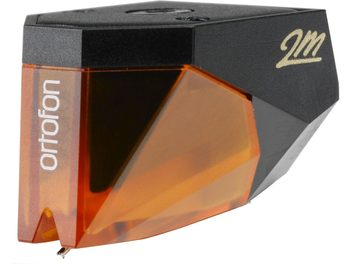 Cellule platine vinyles Ortofon 2M Bronze, vue de 3/4 avant, corps noir mat et bronze brillant, pointe diamant