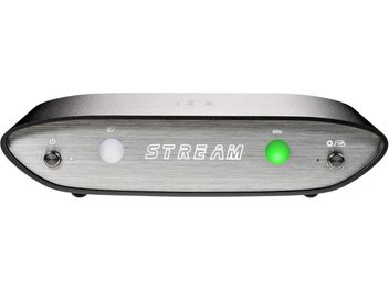 Δικτυακός ηχητικός φορέας iFi Audio Zen Stream, μπροστινή όψη από ανοδιωμένο γκρι αλουμίνιο, λευκές και πράσινες επιγραφές