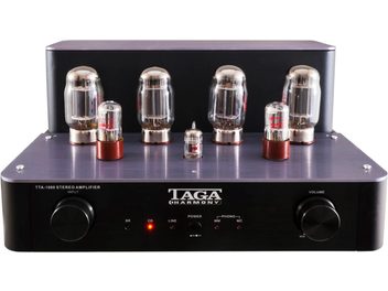 Ampli hi-fi à tubes Taga Harmony TTA-1000 noir, vue de face. 7 tubes à vide, boutons et prises en façade sur châssis noir