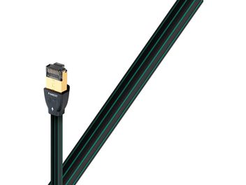 Cavo di rete Ethernet RJ45 Audioquest RJ/E Forest, connettore RJ45 dorato, guaina verde a righe nere, vista di profilo su sfondo bianco