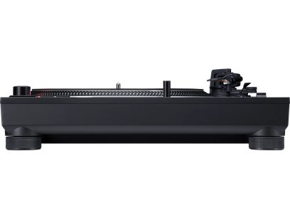 Tocadiscos de alta fidelidad Technics SL-1200M7B de color naranja, vista frontal, plato giratorio circular, brazo de lectura a la derecha, pies cilíndricos