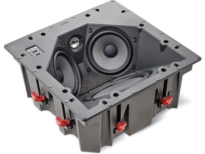 Focal 100 ICLCR5 in-ceiling speaker, dark gray metal chassis, 1 black central woofer, 4 dark gray satellite speakers