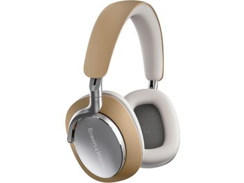 Trådlös hörlurar Bowers & Wilkins Px8 i beige, profilvy, ovala öronkuddar i beige och grått, beige båge, matt finish
