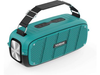 Boxă bluetooth Yourban Getone 60 albastră, vedere în perspectivă, grilaj frontal perforat, butoane deasupra, curea neagră