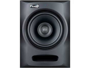 Monitor da studio Fluid Audio FX80, vista frontale ravvicinata, altoparlante circolare centrale in una cassa di colore grigio scuro