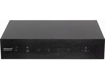 Amplificatore multiroom o multi-zona ArtSound Smart Zone 4 Amp, vista frontale, chassis nero, 4 spie verdi, 4 pulsanti grigi, 2 icone