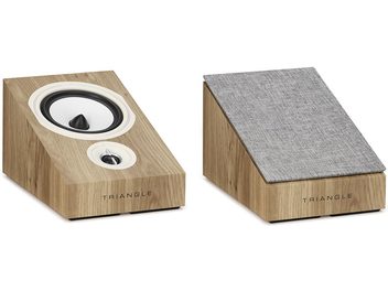 Triangle Borea BRA1 speaker in light oak, front and top view, light wood cabinet, black speaker, silver tweeter