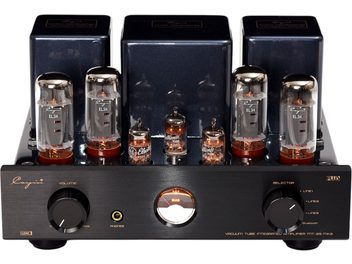 Cayin MT-35MK2 integrated stereo tube amplifier with Bluetooth, black brushed metal finish, front view from a slight overhead angle, featuring six glowing glass tubes, three rear transformer housings, a central VU meter, a headphone jack, and two large rotary knobs on the front panel