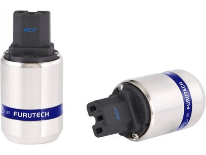 Connecteur IEC Furutech FI-48 NCF (R) et connecteur Neutrik NCF, noirs et argentés, vus de face et de côté