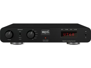 Black Diamond stereo preamplifier with black front panel, 2 circular knobs, red digital display, switch, and silver feet