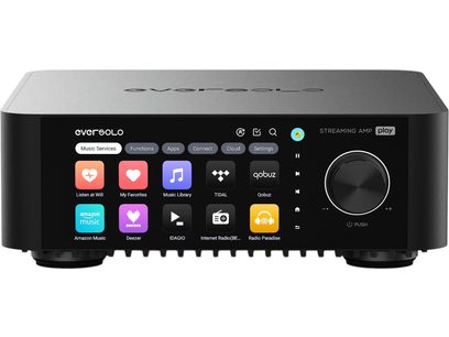 Svart EverSolo Play integrerad stereo hi-fi-förstärkare i aluminium, sedd framifrån, med färgpekskärm till vänster på frontpanelen och stor cirkulär volymratt med ram till höger