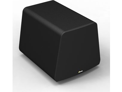 Caisson de grave GoldenEar ForceField 3 noir mat, forme cubique, vue de 3/4 avant droit