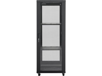 Sort audiovisuel Norstone Pro Rack 32U sort med perforeret frontdør, nøglelås, hjul og synlige interne hylder