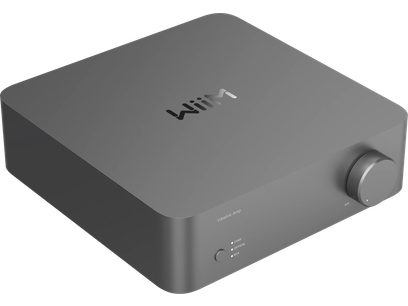 Integrerad stereo hi-fi-förstärkare WiiM Vibelink Space grey med rektangulärt grått hölje, cirkulär knapp till höger, text och indikatorlampor på framsidan