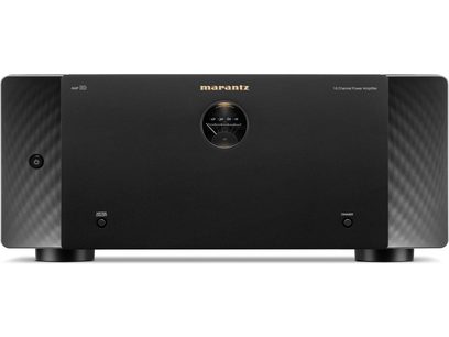 Lato anteriore di un amplificatore di potenza multicanale Marantz AMP 10 nero, quadrante rotondo, logo dorato, pulsanti