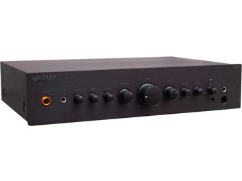 Ενισχυτής hi-fi στερεοφωνικός TA-400MIC (2023), όψη από μπροστά, κουμπιά ελέγχου, υποδοχή ακουστικών, θύρες USB και μικροφώνου, φωτιζόμενος διακόπτης