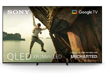 Téléviseur haute définition Sony BRAVIA 7 75XR70 noir à cadre mince en métal et dalle verre, grand écran plat QLED posé sur deux pieds bas, vue de face