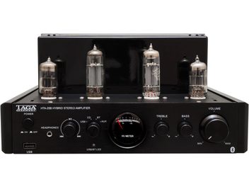 Ampli hi-fi à tubes Taga Harmony HTA-25B noir. Face avant avec 5 tubes, vu-mètre, boutons et prises. Vue de face