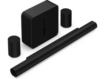 Barre de son noire horizontale, subwoofer rectangulaire vertical, 2 haut-parleurs cylindriques noirs, vue en perspective