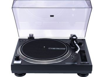 Giradischi hi-fi Reloop RT-1 BT con coperchio trasparente aperto, piatto nero, braccio di lettura argentato e comandi visibili
