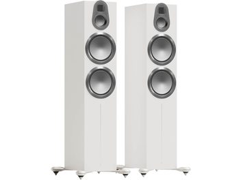 Enceintes colonne Monitor Audio Gold 500 6G blanc satin, vue de face, 2 haut-parleurs circulaires, 1 tweeter, socles pointus