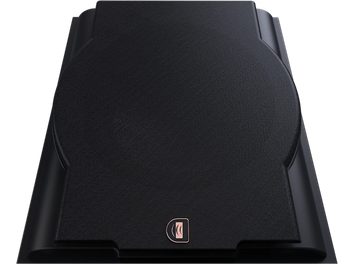 Griglia di protezione Perlisten R10s, nera, tessuto testurizzato, forma rettangolare con apertura circolare centrale, telaio rigido, logo metallico in basso, vista dall’alto