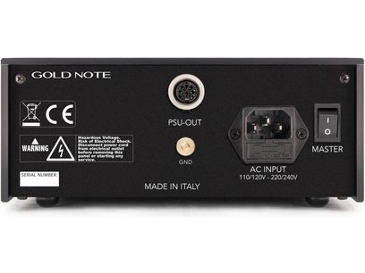 Alimentation séparée Gold Note PSU-OUT, face arrière, connecteurs PSU-OUT et GND, entrée secteur, interrupteur, made in Italy