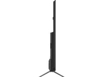 Telewizor Panasonic TV-85W95BEG w kolorze czarnym, wykonany z plastiku i metalu, o ultra cienkim profilu z grubszym tylnym panelem w dolnej części oraz nogami w kształcie odwróconego V, widok boczny