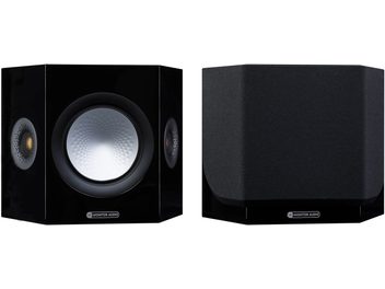 Diffusore posteriore bipolare Monitor Audio Silver FX 7G nero laccato visto frontalmente e posteriormente, tweeter dorato