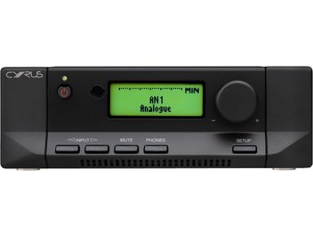 Cyrus Classic PRE stereo preamplifier, front view, green screen, black buttons, dial on the right, displayed text "AN1 Analogue"