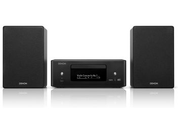 Mini sistema hi-fi Denon CEOL RCD-N12DAB + SC-N10 nero composto da un lettore CD con display LCD e due diffusori compatti, vista frontale