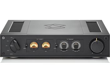 Ampli hi-fi stéréo Rose RA280 noir, vue de face. Façade noire avec boutons, vu-mètres, prises casque et micro