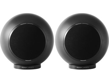 Enceintes bibliothèque Elipson Planet L Performance 2.0 noir mat, forme sphérique, grille noire circulaire, socle cylindrique