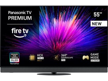Τηλεόραση υψηλής ευκρίνειας Panasonic TV-55Z95B μαύρη με λεπτό μεταλλικό πλαίσιο και γυάλινη πρόσοψη, όψη από μπροστά σε οβάλ κεντρική βάση