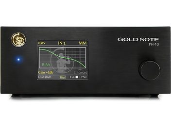 Preamplificatore phono Gold Note PH-10 nero, vista frontale, display grafico, pulsanti e connettori sul pannello frontale in alluminio spazzolato