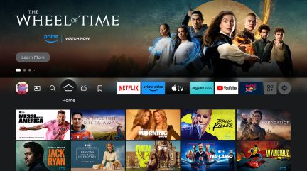 Interface utilisateur de service de streaming avec affiches de séries et films, logos de plateformes, et options de navigation