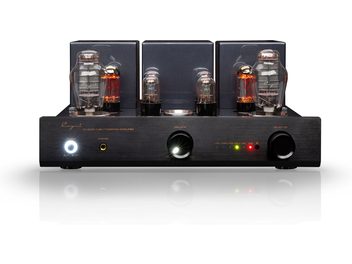 Cayin CS-300A integrated stereo tube amplifier in black brushed metal, front view, rectangular faceplate featuring a large centrally backlit volume knob, illuminated power button and headphone jack on the left, green and red indicator lights on the right, top fitted with several glowing cylindrical tubes