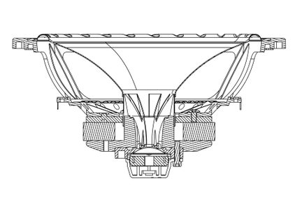 Vue en coupe transversale d'un projecteur optique avec réflecteur parabolique, lentille convexe et composants mécaniques internes