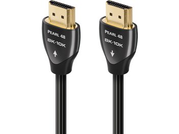 Two black Audioquest Pearl 48 8K 10K HDMI cables with gold-plated connectors, viewed front-on side by side on a white background