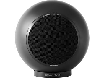 Enceinte bibliothèque Elipson Planet L Performance noir mat avec forme sphérique, grille frontale noire et base circulaire